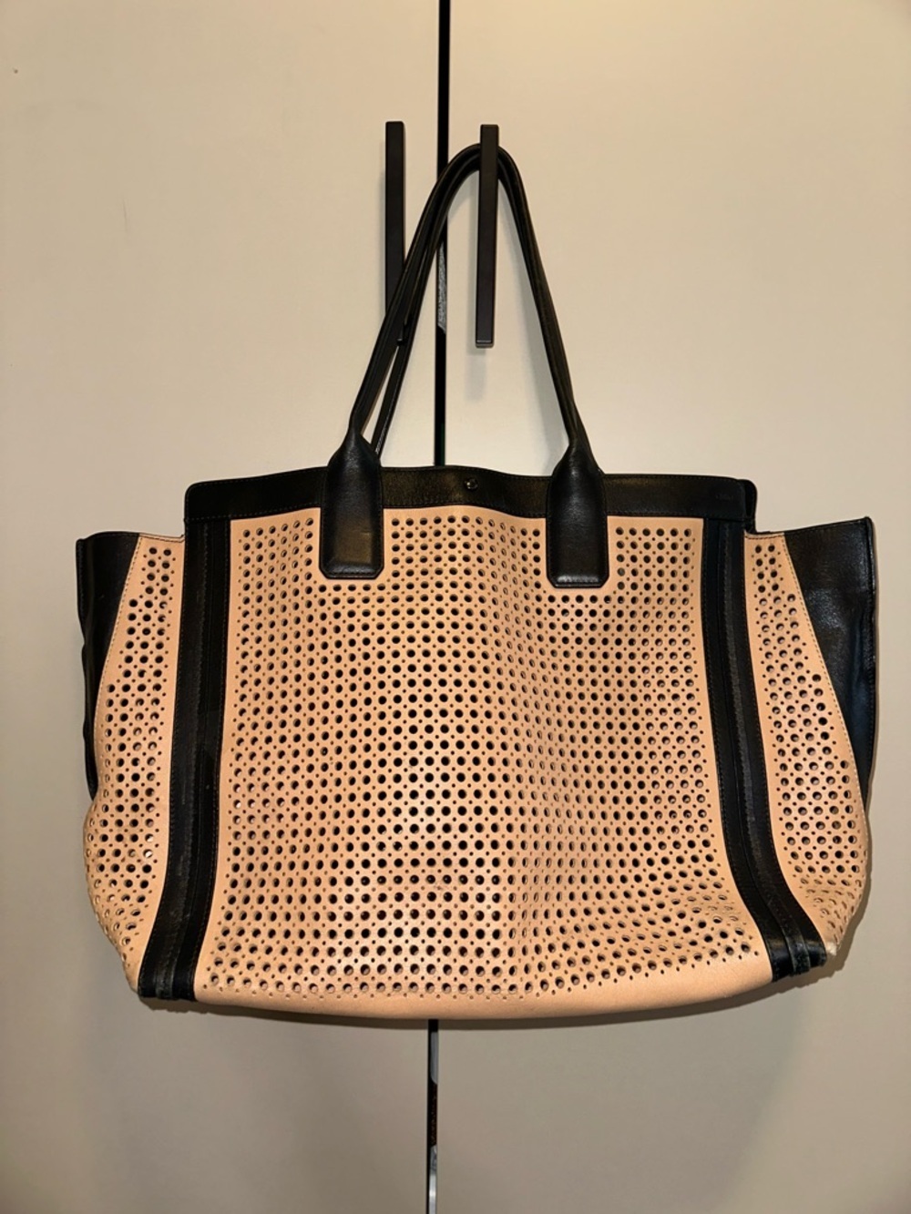 Chloe Alison Black & Beige Perforated Tote Bag - Women's Carryall